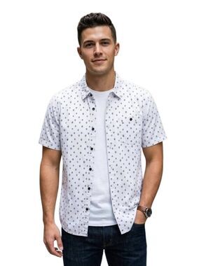 Voyager Men's White & Grey Mini Print Cotton/Spandex Stretch Woven Short Sleeve